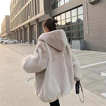 Women Winter Hooded Faux Fur Coat Plush Jacket Loose Zipper